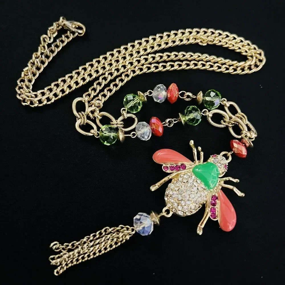 Whimsical BUMBLE BEE Pink Green Rhinestone Enamel Crystal Pendant Necklace